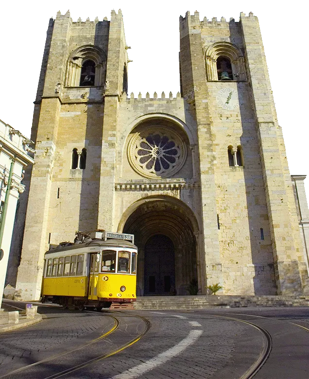 Lisbon Cathedral and a typical yellow tram passing by